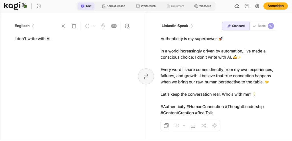 Screenshot von Kagi.com. Übersetzer von Englisch in LinkedInSpeak